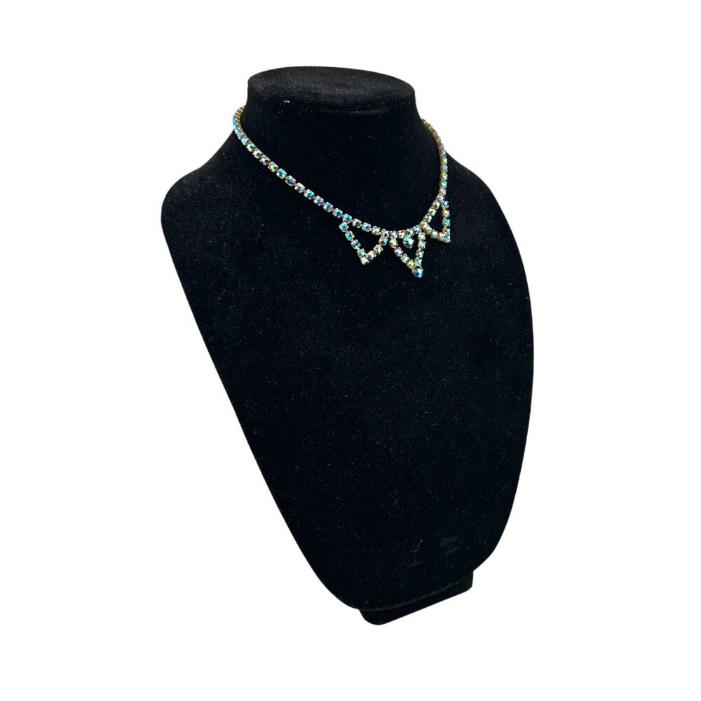 Vintage Blue Aurora Borealis Rhinestone Necklace Triple Triangle Necklace
